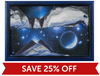 Framed artwork of a mountain landscape with a planet and stars