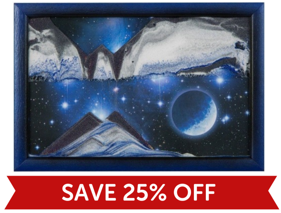 Framed artwork of a mountain landscape with a planet and stars