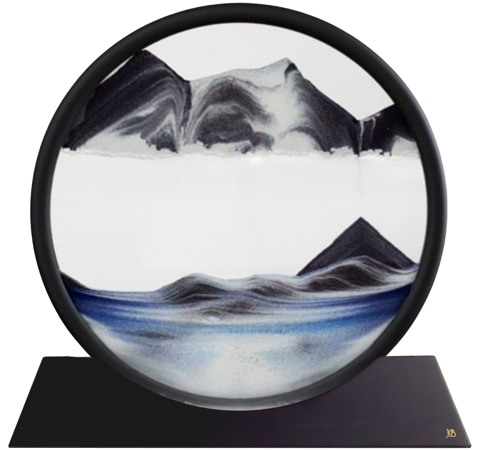 Decorative piece with mountain and water design on a white background