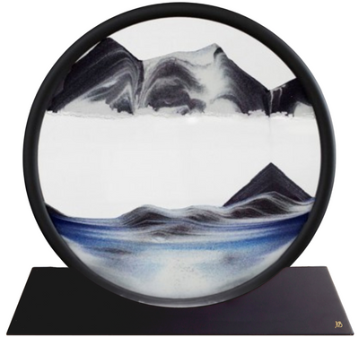 Decorative piece with mountain and water design on a white background